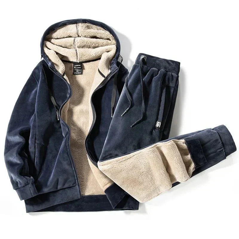 Men's Cashmere Fleece Tracksuit Set – Thick Hooded Jacket and Pants for Winter Warmth