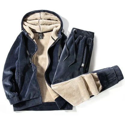 Men's Cashmere Fleece Tracksuit Set – Thick Hooded Jacket and Pants for Winter Warmth