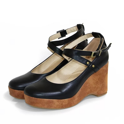 Brown Chunky Platform Mary Jane Heels with Buckle Strap