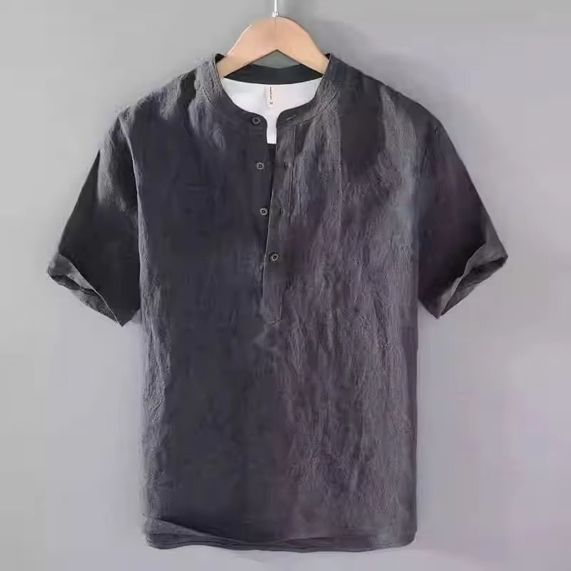 Men's Cotton Linen Short Sleeve Shirt, Solid Color, Casual Summer Beach Style, Turn-Down Collar, Sizes M–5XL