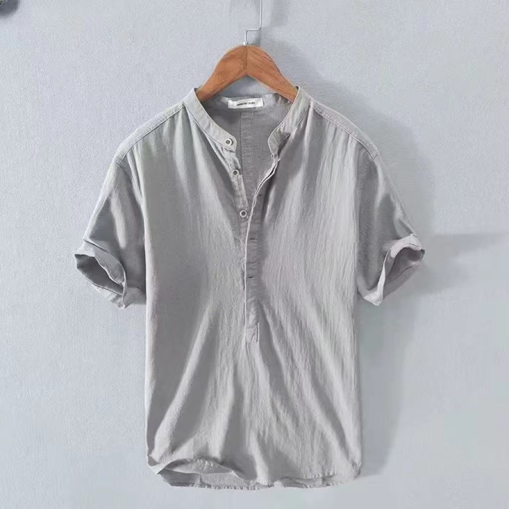 Men's Cotton Linen Short Sleeve Shirt, Solid Color, Casual Summer Beach Style, Turn-Down Collar, Sizes M–5XL