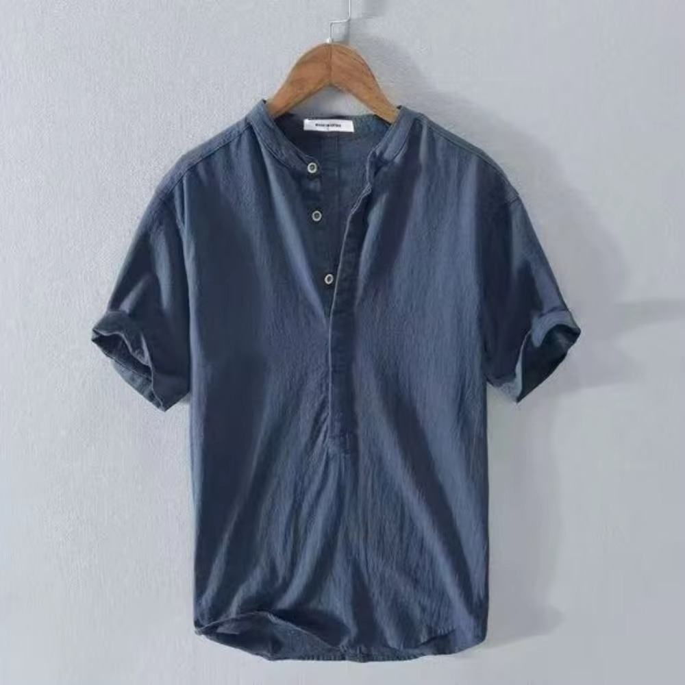 Men's Cotton Linen Short Sleeve Shirt, Solid Color, Casual Summer Beach Style, Turn-Down Collar, Sizes M–5XL