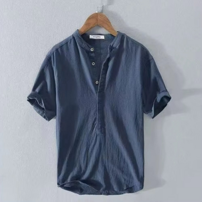 Men's Cotton Linen Short Sleeve Shirt, Solid Color, Casual Summer Beach Style, Turn-Down Collar, Sizes M–5XL
