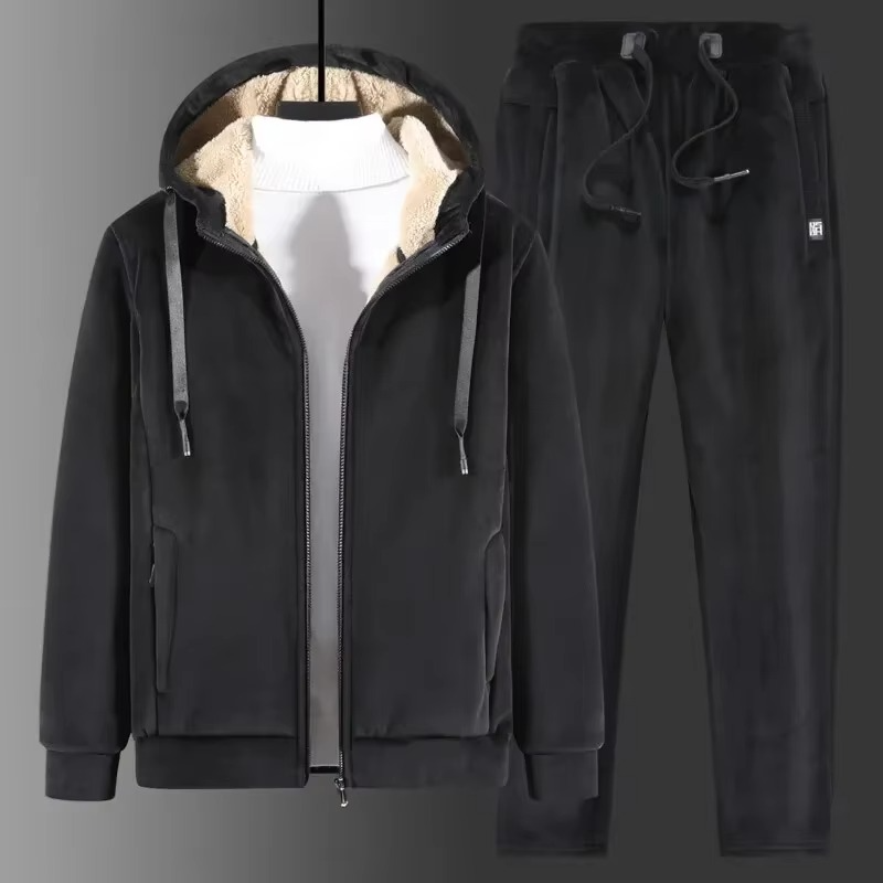 Men's Cashmere Fleece Tracksuit Set – Thick Hooded Jacket and Pants for Winter Warmth