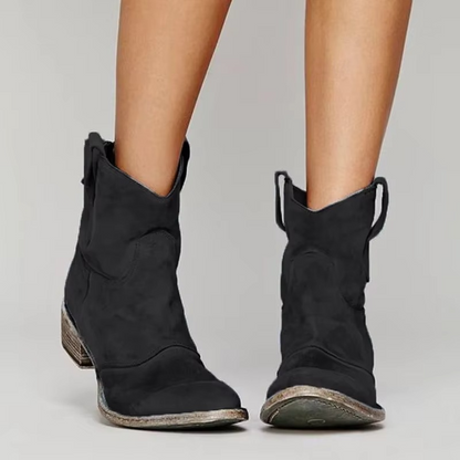 Women’s Vintage Western Ankle Boots – Pointed Toe Low Heel Slip-On Booties