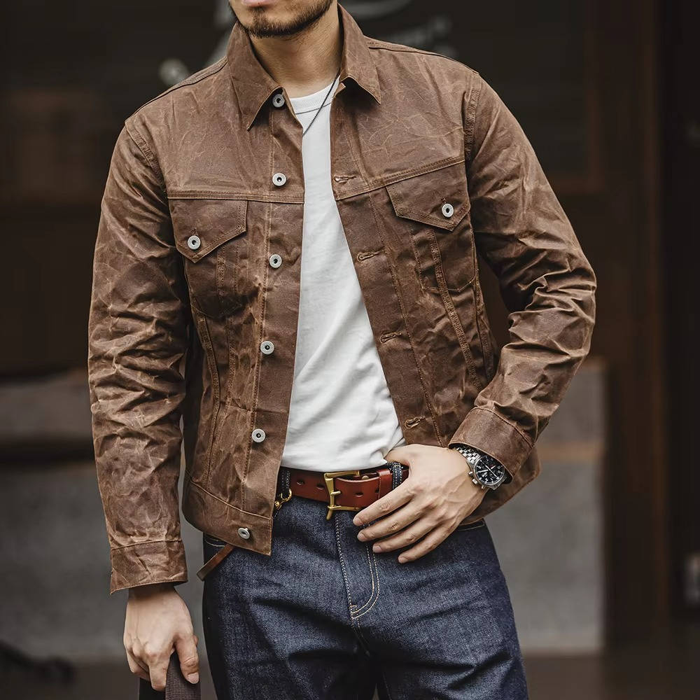 Men's Vintage Brown Waxed Cotton Jacket With Front Flap Pockets