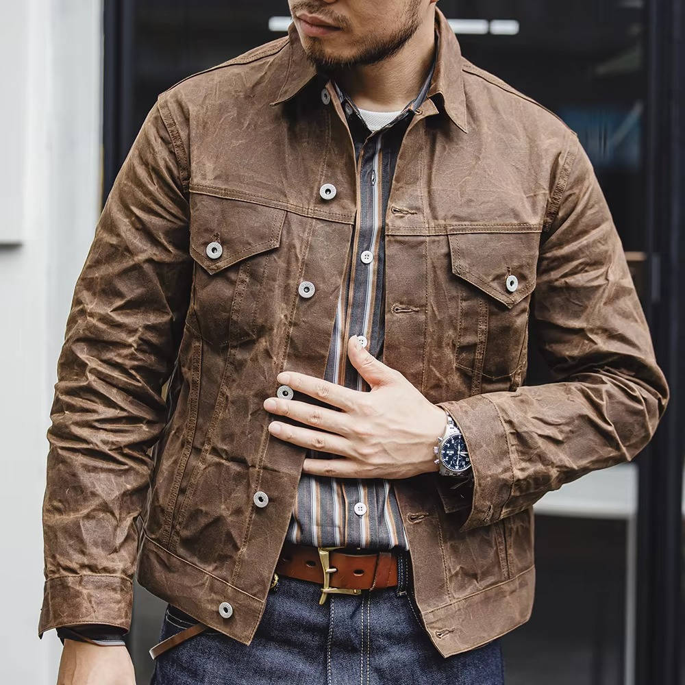 Men's Vintage Brown Waxed Cotton Jacket With Front Flap Pockets