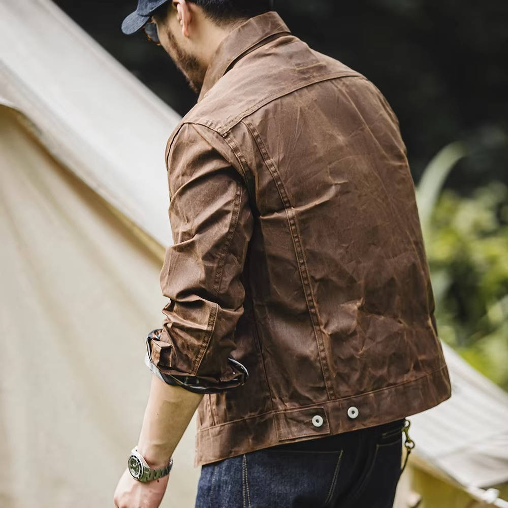 Men's Vintage Brown Waxed Cotton Jacket With Front Flap Pockets