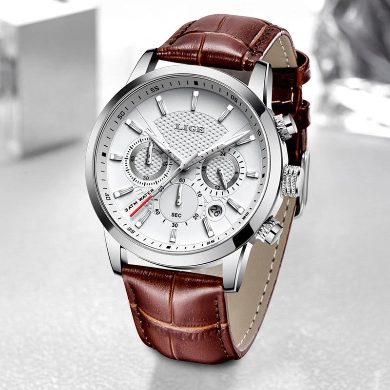 LIGE Watches Men Top Brand Luxury, Leather Quartz Sport Watch for Men, Business Clock, Waterproof