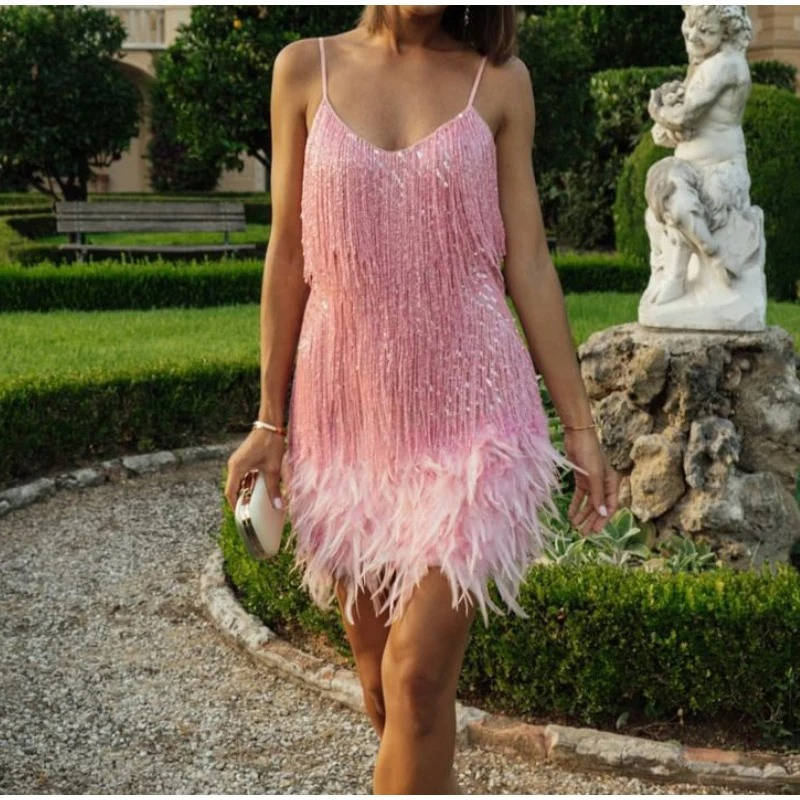 White Fringe Cocktail Dress With Feather Hem