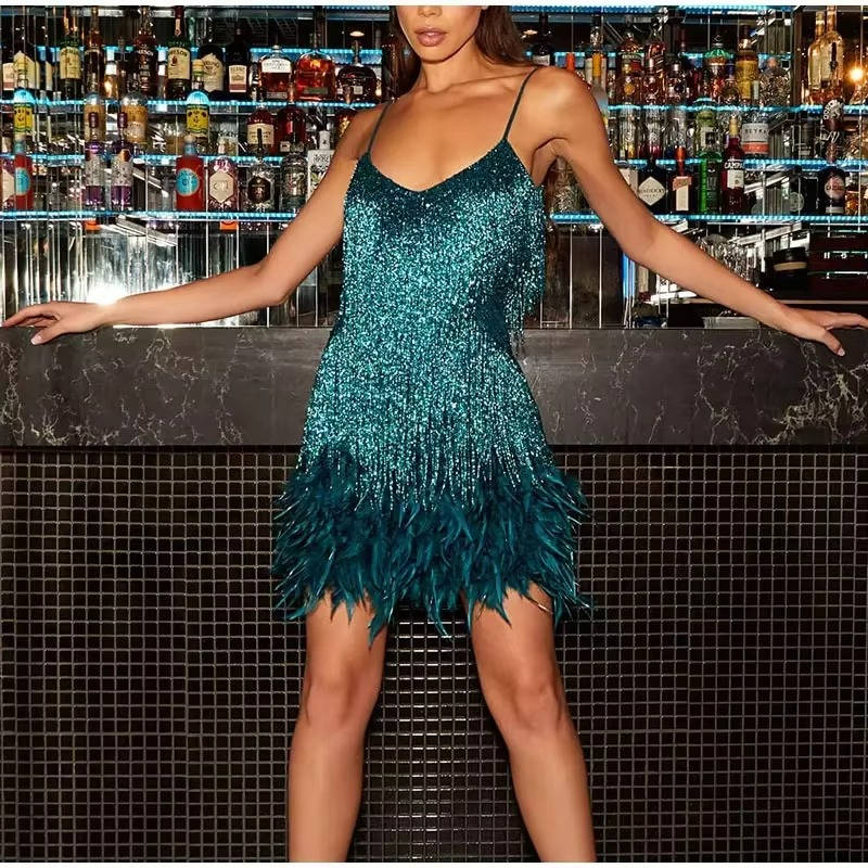 White Fringe Cocktail Dress With Feather Hem