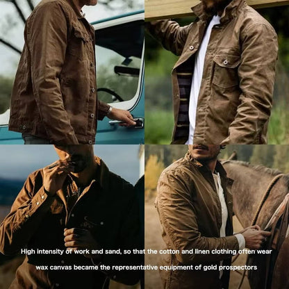 Men's Vintage Brown Waxed Cotton Jacket With Front Flap Pockets