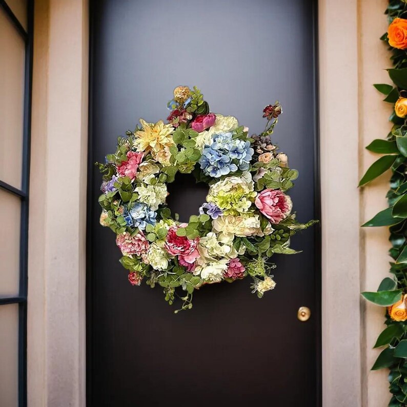 Vibrant Rainbow Hydrangea Wreath – Lifelike Artificial Flowers for Door or Wall